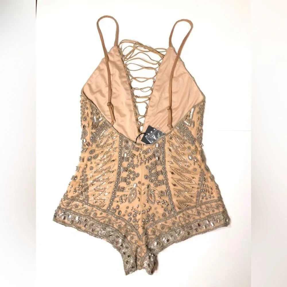 X by NBD Pandora Romper Champagne Allover Beading Plunging Lace Up Festival - Picture 9 of 15